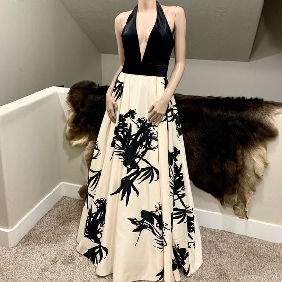 Gorgeous, Deep V-neck Velvet with Satin Twill Floral Print 
Halter Ball Gown - Picture 1 of 13